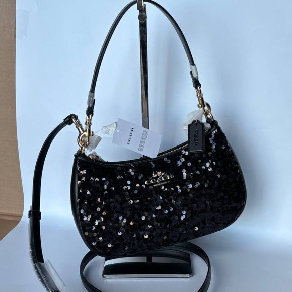 COACH CO951 Teri Shoulder Bag In Sequins And Smooth Leather Gold/Black - Picture 14 of 15